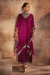 Shop_Vvani By Vani Vats_Wine Mirrors, Embroidery V-neck Kaftan And Palazzo Set 