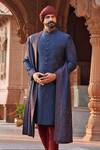 Buy_Vanshik_Blue Raw , Spun Embroidered Sherwani Set _at_Aza_Fashions