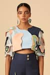 Buy_Siddhant Agrawal_Blue Faux Suede Embroidery Asymmetric Applique Colorblock Crop Top _at_Aza_Fashions