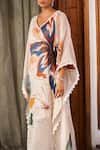 Varun Bahl_Ivory Georgette Printed Summer Flower V Neck Pattern Long Kaftan _Online_at_Aza_Fashions