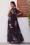 Varun Bahl_Purple Georgette Printed Leaf Botanical Round Maxi Dress_Online_at_Aza_Fashions