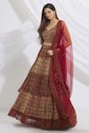 Buy_Vandana Sethi_Maroon Chikankari V Neck Bridal Lehenga Set _at_Aza_Fashions