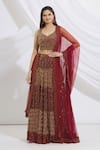 Buy_Vandana Sethi_Maroon Chikankari V Neck Bridal Lehenga Set _Online_at_Aza_Fashions