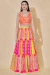 Buy_Vandana Sethi_Peach Dupion Raw Silk V Neck Embellished Bridal Lehenga Set _Online_at_Aza_Fashions