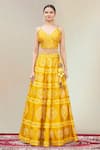 Buy_Vandana Sethi_Yellow Dupion Silk Embroidery V Neck Bridal Lehenga Set _Online_at_Aza_Fashions