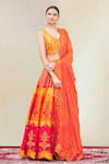 Vandana Sethi_Orange Dupion Silk Embroidery Leaf Neck Bridal Lehenga Set _Online_at_Aza_Fashions