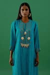 Buy_5elements_Blue Pleated Polyester Mix Embellishment Brooch Notched Tunic _Online_at_Aza_Fashions