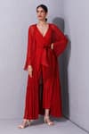 Buy_Varun Bahl_Red Crepe V Neck Tiered Jacket With Jumpsuit _at_Aza_Fashions