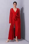 Shop_Varun Bahl_Red Crepe V Neck Tiered Jacket With Jumpsuit _Online_at_Aza_Fashions