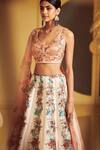 Shop Varun Bahl Peach Silk, Modal Dupion V Neck Floral Print Bridal Lehenga Set Online at Aza Fashions Shop_Varun Bahl_Peach Silk, Modal Dupion V Neck Floral Print Bridal Lehenga Set _Online_at_Aza_Fashions