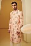 Varun Bahl_Peach Silk, Modal Dupion Embroidered Sherwani And Kurta Set _Online_at_Aza_Fashions