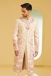Buy_Varun Bahl_Peach Silk, Modal Dupion Embroidered Sherwani And Kurta Set _Online_at_Aza_Fashions