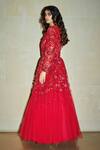 Varun Bahl_Red Mono Net Round Embroidered Flared Gown _Online_at_Aza_Fashions