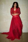 Buy_Varun Bahl_Red Skirt Mono Net Jacket And  Modal Dupion Top V Embroidered & Set _at_Aza_Fashions