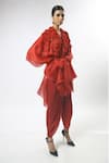 Buy_Varun Bahl_Red Silk Satin Organza V Neck Cape And Draped Pant Set  _at_Aza_Fashions