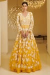 Shop_Varun Bahl_Yellow Net V Neck Floral Embroidered Gown  _at_Aza_Fashions