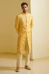 Varun Bahl_Yellow Modal Dupion Embroidered Sherwani And Pant Set  _Online_at_Aza_Fashions