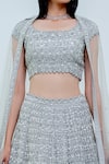 Shop_Varun Chakkilam_Silver Silk Organza Embroidered Glass Beads Scoop Neck Hand Bridal Lehenga Set _at_Aza_Fashions