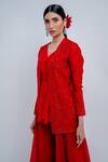 Shop_Varun Chakkilam_Red Chiffon, Silk Organza Glass Beads, Thread Embroidered Jacket And Palazzo Set _at_Aza_Fashions