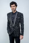 Shop_Varun Chakkilam_Black Poly Blend Suiting Embroidered Metallic Blazer And Pant Set  _at_Aza_Fashions