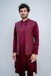 Shop_Varun Chakkilam_Purple Poly Blend Suiting Metallic Glass Embroidered Bundi And Pleated Kurta Set _at_Aza_Fashions