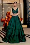 Buy_Varun Chakkilam_Green Silk Organza Embroidered Floral Motifs V Neck Blouse And Layered Skirt Set _at_Aza_Fashions