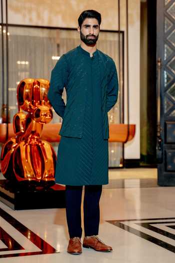 Buy_Varun Chakkilam_Green Poly Blend Suiting Geometric Embroidered Bundi And Kurta Set _at_Aza_Fashions