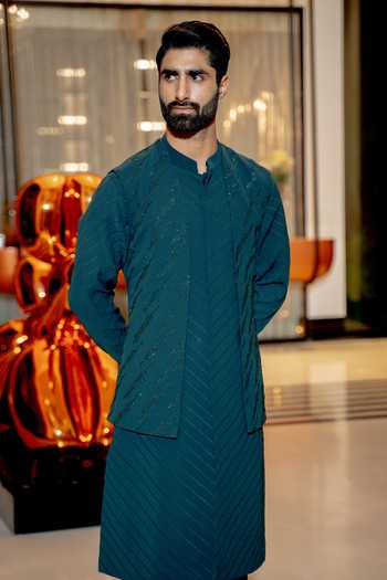 Shop_Varun Chakkilam_Green Poly Blend Suiting Geometric Embroidered Bundi And Kurta Set _at_Aza_Fashions