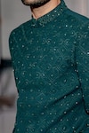 Varun Chakkilam_Green Poly Blend Suiting Geometric Embroidered Bandhgala Set_Online_at_Aza_Fashions