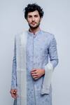 Shop_Varun Chakkilam_Blue , Organza Floral Embroidered Sherwani Set _at_Aza_Fashions