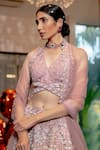 Shop_Varun Chakkilam_Pink Silk Organza Embroidered Glass Beads V Neck Bridal Lehenga Set _at_Aza_Fashions