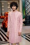 Buy_Varun Chakkilam_Pink Silk Embroidered Floral Front Open Sherwani Set  _at_Aza_Fashions