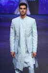 Shop_Varun Chakkilam_Blue Twill Silk Embroidered Jacket And Draped Kurta Set_at_Aza_Fashions