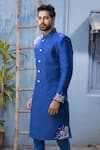 Buy_Varun Chakkilam_Blue Raw Silk Embroidered Sherwani Set  _at_Aza_Fashions