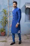 Shop_Varun Chakkilam_Blue Raw Silk Embroidered Sherwani Set  _at_Aza_Fashions