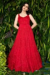 Buy_Varun Chakkilam_Red Organza Leaf Neck Embroidered Gown  _at_Aza_Fashions