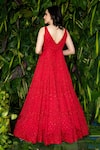 Shop_Varun Chakkilam_Red Organza Leaf Neck Embroidered Gown  _at_Aza_Fashions