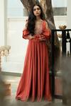 Buy_Varun Chakkilam_Red Chiffon V Neck Embroidered Cold-shoulder Gown_at_Aza_Fashions