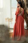 Shop_Varun Chakkilam_Red Chiffon V Neck Embroidered Cold-shoulder Gown_at_Aza_Fashions