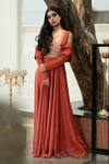 Varun Chakkilam_Red Chiffon V Neck Embroidered Cold-shoulder Gown_Online_at_Aza_Fashions