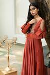 Buy_Varun Chakkilam_Red Chiffon V Neck Embroidered Cold-shoulder Gown_Online_at_Aza_Fashions