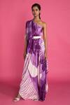 Buy_Vedika M_Purple Satin Asymmetric Abstract Print Shaded Draped Dress_at_Aza_Fashions
