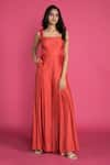 Buy_Vedika M_Red Silk Embroidery Square Neck Dyed Pleated Jumpsuit  _at_Aza_Fashions