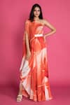 Buy_Vedika M_Red Satin Embroidery Asymmetric One Shoulder Draped Dress _at_Aza_Fashions