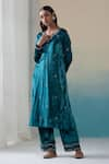 Weaver Story_Blue Velvet Hand Embroidered Zardozi Work V Neck Kurta Palazzo Set _Online_at_Aza_Fashions