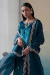 Buy_Weaver Story_Blue Velvet Hand Embroidered Zardozi Work V Neck Kurta Palazzo Set _Online_at_Aza_Fashions