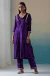 Weaver Story_Purple Velvet Hand Embroidered Zardozi Work V Neck Kurta Palazzo Set _Online_at_Aza_Fashions