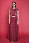 Buy_Jade by Monica and Karishma_Maroon Organza Round Jacket And Pant Set  _at_Aza_Fashions