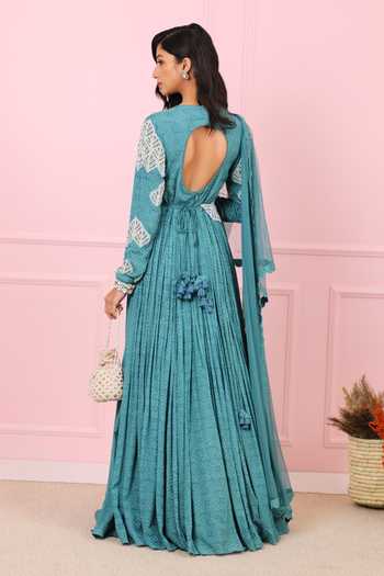 Shop_Vidushi Gupta_Blue Printed Anarkali With Dupatta _at_Aza_Fashions