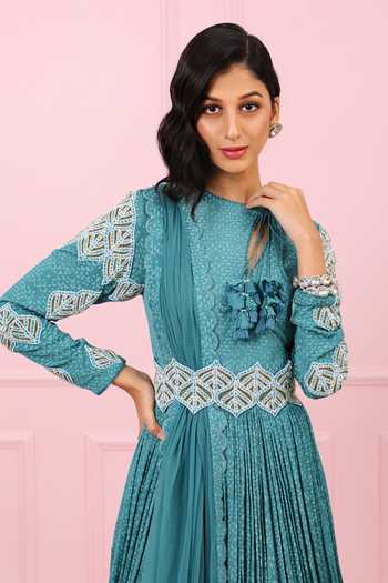 Buy_Vidushi Gupta_Blue Printed Anarkali With Dupatta _Online_at_Aza_Fashions